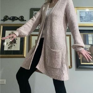 Pink fuzzy mid-length BB Dakota Cardigan.